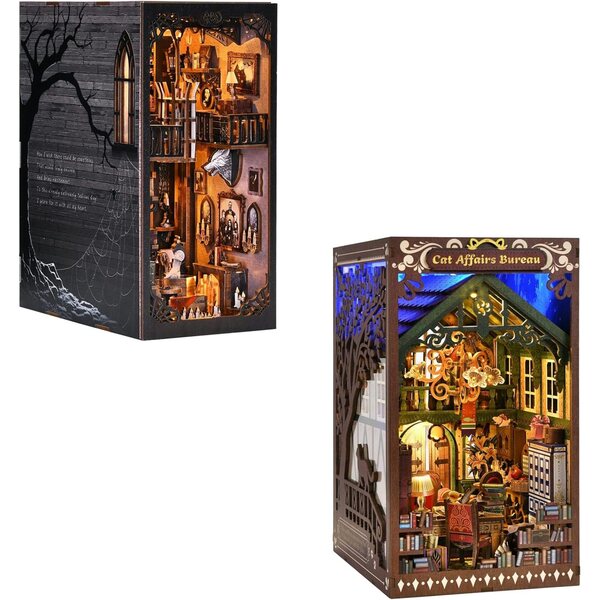ETKVR Book Nook Miniatur-DIY-Kit mit LED-Leuchten und Holzmöbeln