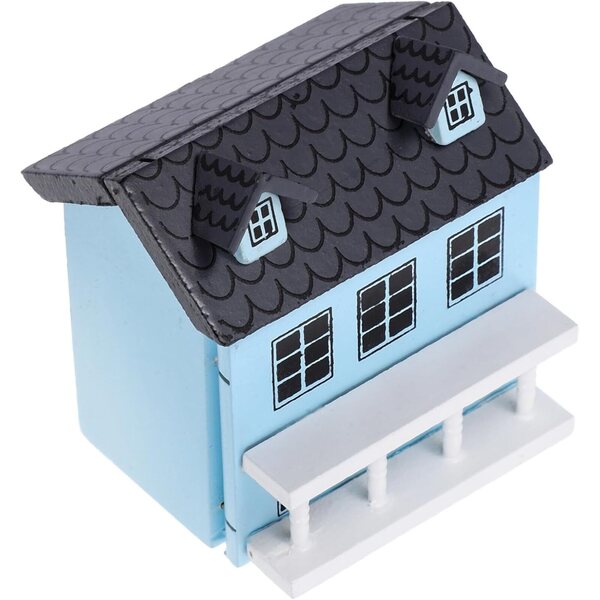 Modello Casa Miniatura in Legno con Tetto Grigio e Decorazioni Blu Pastello