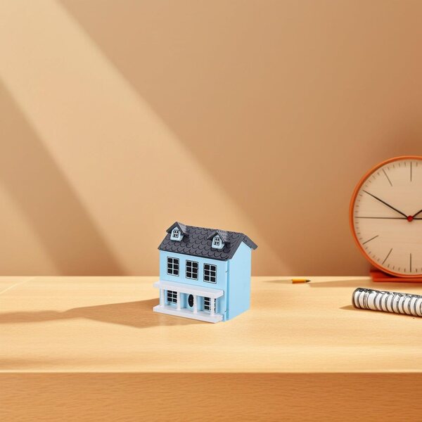 Miniatur-Holzhausmodell mit grauem Dach und pastellblauen Verzierungen