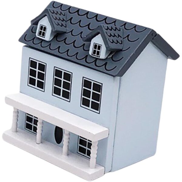 Pastellblaues Mini-Holzhaus mit grauem Dach – Garten- und Innendekoration