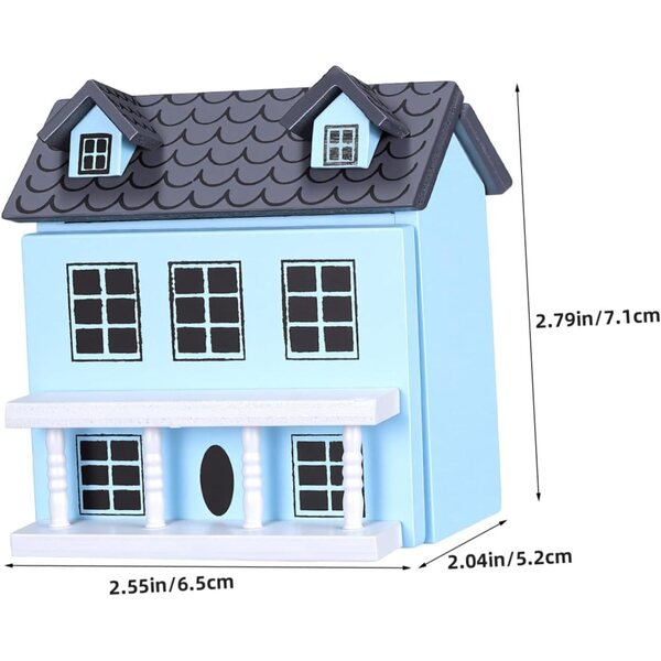 Pastellblaues Mini-Holzhaus mit grauem Dach – Garten- und Innendekoration