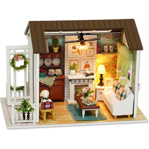 Miniatur-Puppenhaus-Bausatz aus Holz mit LED-Leuchten und Zubehör für Kinder und Erwachsene