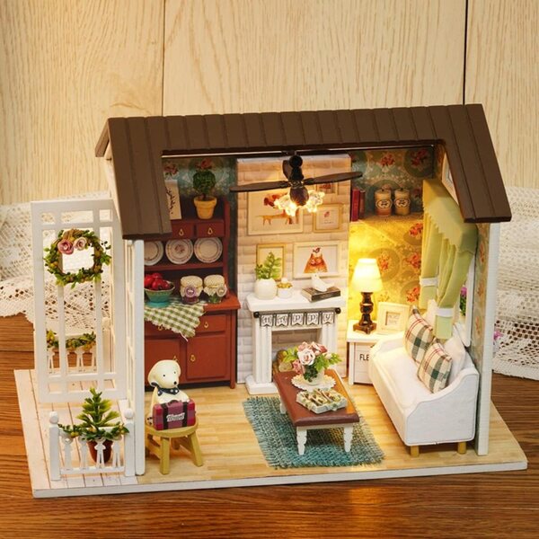 Miniatur-Puppenhaus-Bausatz aus Holz mit LED-Leuchten und Zubehör für Kinder und Erwachsene