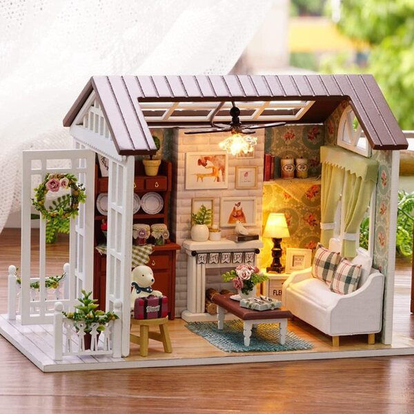 Miniatur-Puppenhaus-Bausatz aus Holz mit LED-Leuchten und Zubehör für Kinder und Erwachsene
