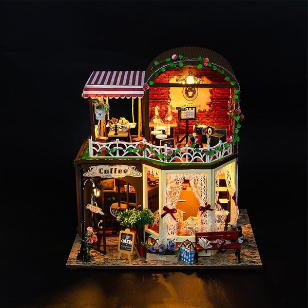 Kit Miniatura Casa in Legno - Mini Caffè Europeo da Costruire, Decorazione e Regalo