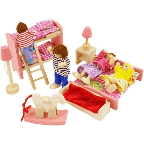 Holzmöbelset für 1:12 Puppenhaus – komplettes Schlafzimmer und Zubehör