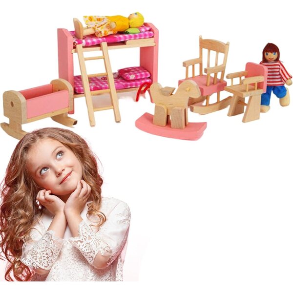 Holzmöbelset für 1:12 Puppenhaus – komplettes Schlafzimmer und Zubehör