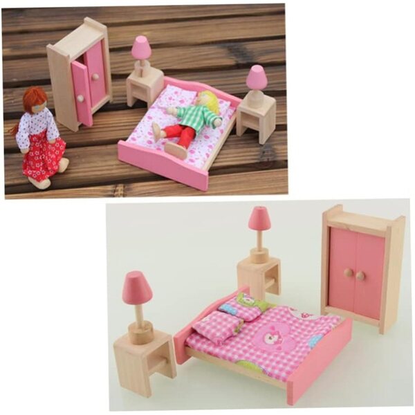 Holzmöbelset für 1:12 Puppenhaus – komplettes Schlafzimmer und Zubehör