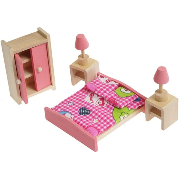 Holzmöbelset für 1:12 Puppenhaus – komplettes Schlafzimmer und Zubehör