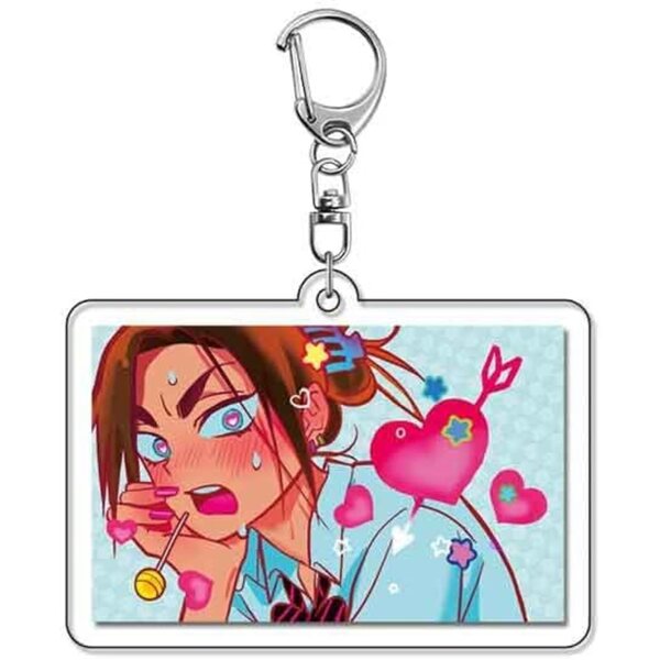6 Cartoon Themed Acryl Keyrings - Set vu 6 faarwege a séiss Stécker