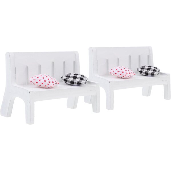 Set 2 Mini Banchi Decorativi Bianchi in Legno con Cuscino per Casa delle Bambole