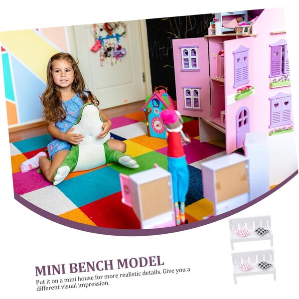 Set 2 Mini Banchi Decorativi Bianchi in Legno con Cuscino per Casa delle Bambole