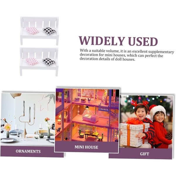 Set 2 Mini Banchi Decorativi Bianchi in Legno con Cuscino per Casa delle Bambole