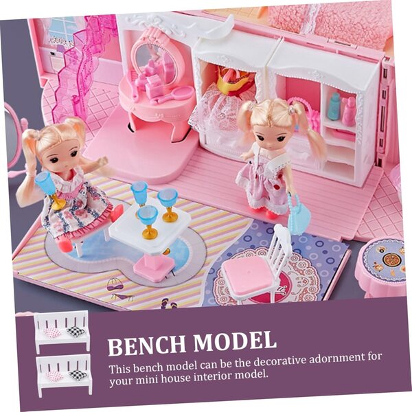 Set 2 Mini Banchi Decorativi Bianchi in Legno con Cuscino per Casa delle Bambole