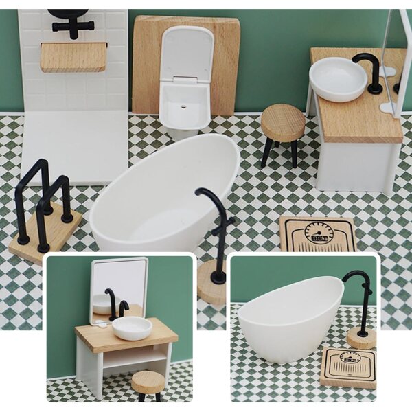 Set bagno 1:12 per casa delle bambole in legno 8 pezzi NASSMOSSE accessori miniatura