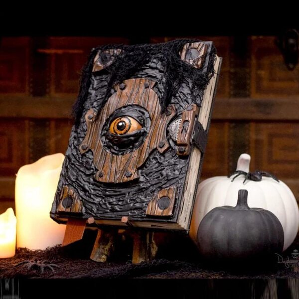 Halloween-Zauberbuch mit bösem Blick – realistische Hexendekoration aus Kunstharz