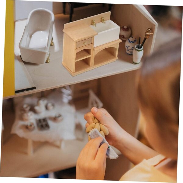 Mini Mobile Lavabo in Legno Naturale per Casa delle Bambole, Realistico e Decorativo