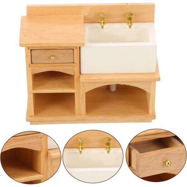 Mini Mobile Lavabo in Legno Naturale per Casa delle Bambole, Realistico e Decorativo