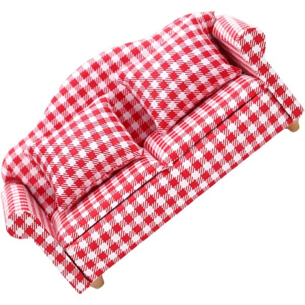 Mini Divano a Quadretti in Legno e Tessuto per Casa delle Bambole, Rosso e Bianco
