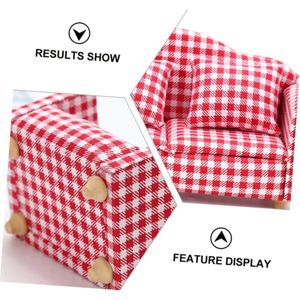 Mini Divano a Quadretti in Legno e Tessuto per Casa delle Bambole, Rosso e Bianco
