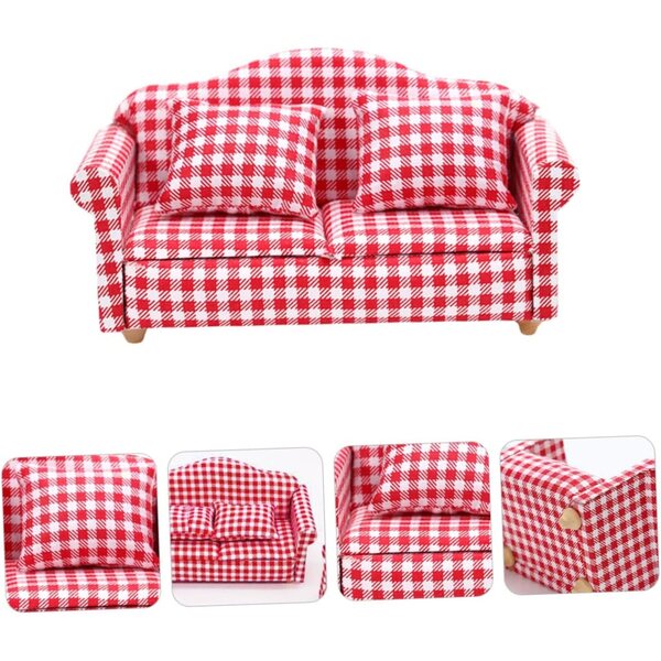 Mini Divano a Quadretti in Legno e Tessuto per Casa delle Bambole, Rosso e Bianco