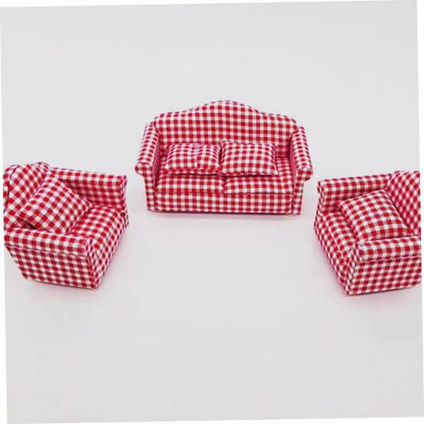 Mini Divano a Quadretti in Legno e Tessuto per Casa delle Bambole, Rosso e Bianco