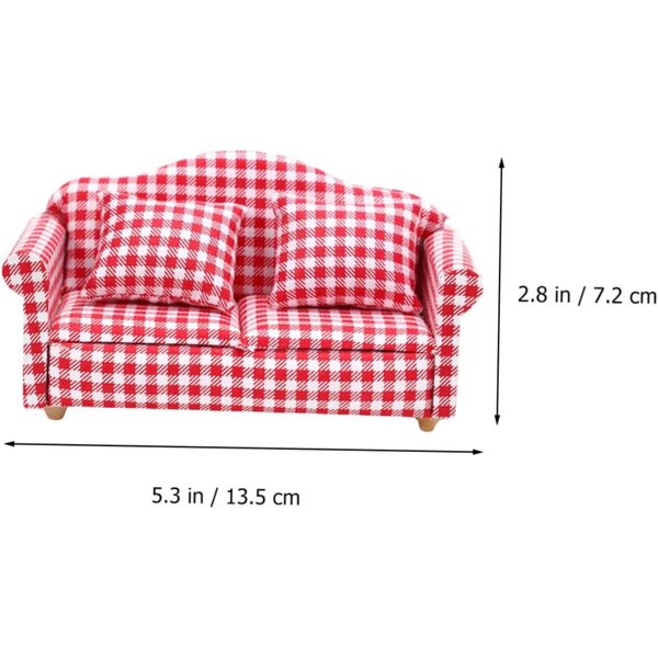 Mini Divano a Quadretti in Legno e Tessuto per Casa delle Bambole, Rosso e Bianco
