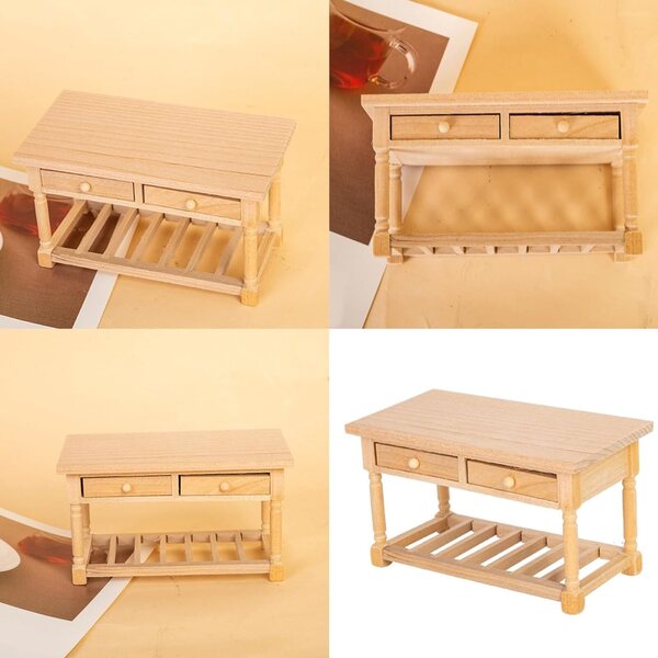 1/12 Miniatur-Esstisch aus Holz mit Schubladen für Puppenhaus