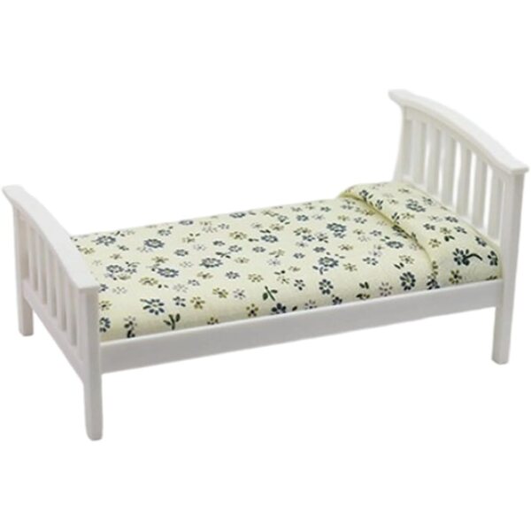 Cottagecore Miniatur-Einzelbett aus Holz mit Blumenmuster für 1/12 Puppenhaus