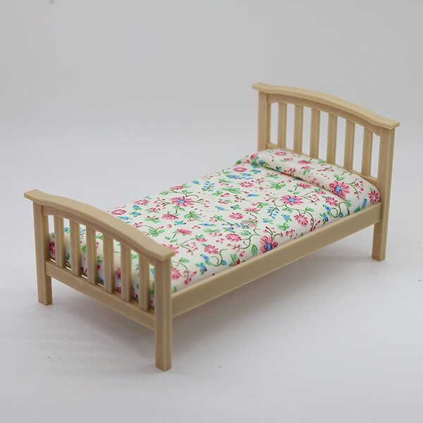 Cottagecore Miniatur-Einzelbett aus Holz mit Blumenmuster für 1/12 Puppenhaus
