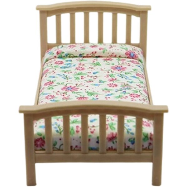Cottagecore Miniatur-Einzelbett aus Holz mit Blumenmuster für 1/12 Puppenhaus
