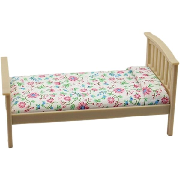 Cottagecore Miniatur-Einzelbett aus Holz mit Blumenmuster für 1/12 Puppenhaus