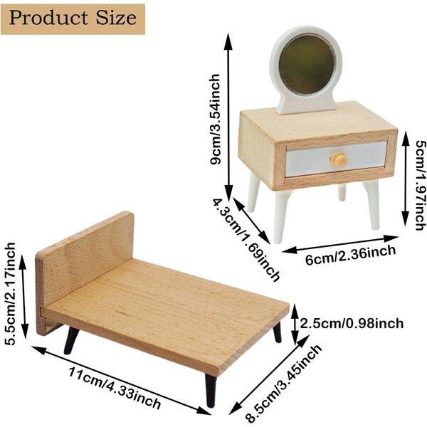 Set mit 5 Miniaturmöbeln für Puppenhäuser im Maßstab 1:12 – Schlafzimmer und Badezimmer YANJIY