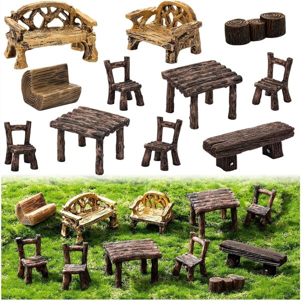 11-teiliges Feengarten-Miniaturmöbelset aus Kunstharz, Tisch und Stühle für das Puppenhaus