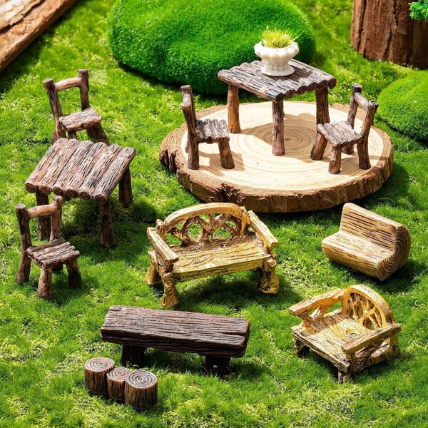 11-teiliges Feengarten-Miniaturmöbelset aus Kunstharz, Tisch und Stühle für das Puppenhaus