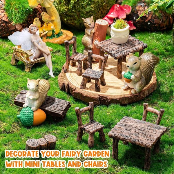11-teiliges Feengarten-Miniaturmöbelset aus Kunstharz, Tisch und Stühle für das Puppenhaus