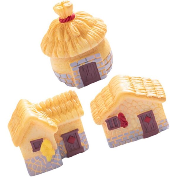 Set aus 3 Mini-Vintage-Harzhäusern mit Strohdach – rustikale Gartendekorationen