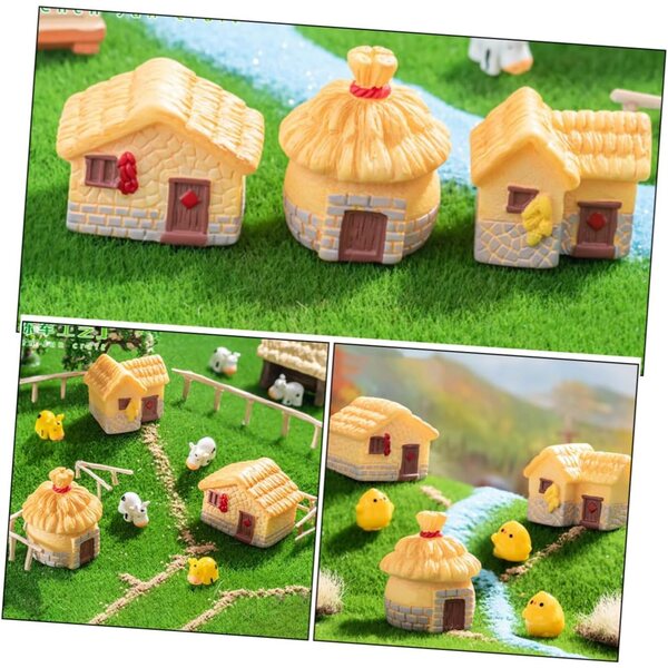 Set aus 3 Mini-Vintage-Harzhäusern mit Strohdach – rustikale Gartendekorationen