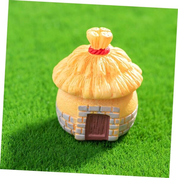 Set aus 3 Mini-Vintage-Harzhäusern mit Strohdach – rustikale Gartendekorationen