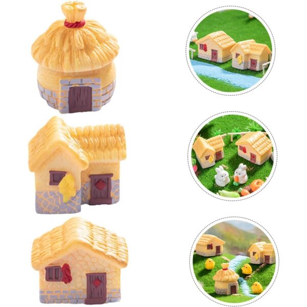 Set aus 3 Mini-Vintage-Harzhäusern mit Strohdach – rustikale Gartendekorationen