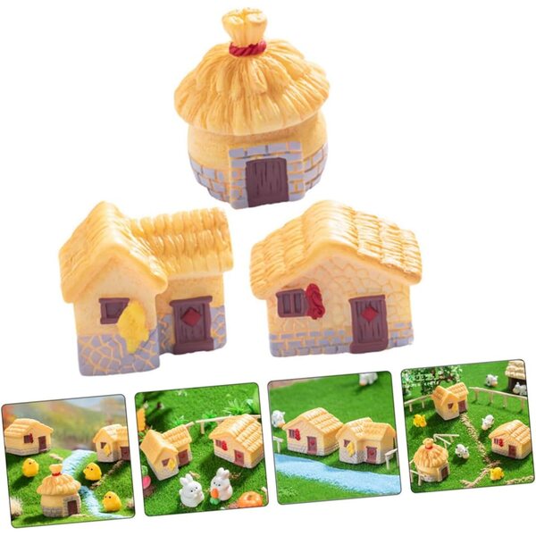 Set aus 3 Mini-Vintage-Harzhäusern mit Strohdach – rustikale Gartendekorationen