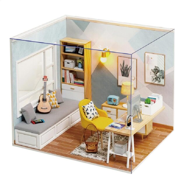 Kit Miniatura Casa Studio Sunshine con LED, Legno e Accessori, Dimensioni Compatte