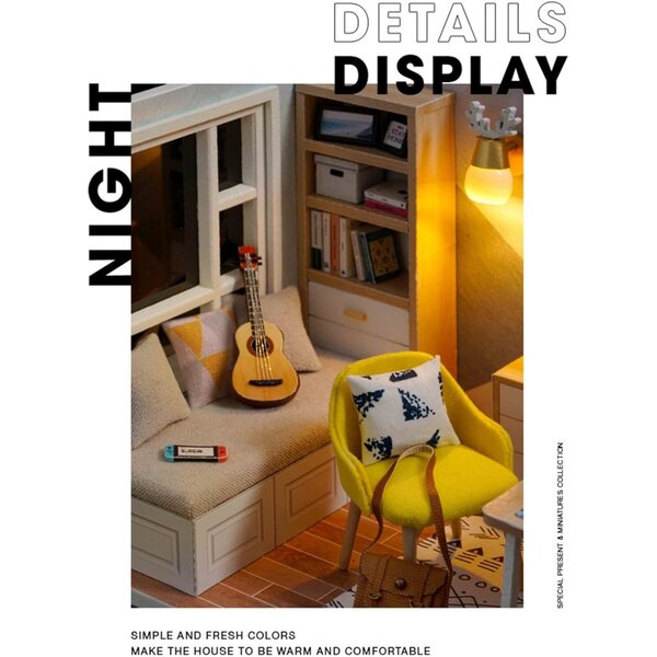 Kit Miniatura Casa Studio Sunshine con LED, Legno e Accessori, Dimensioni Compatte