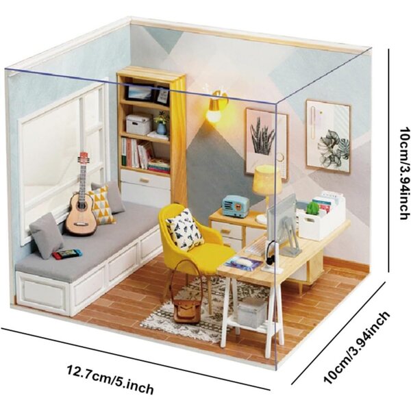 Kit Miniatura Casa Studio Sunshine con LED, Legno e Accessori, Dimensioni Compatte