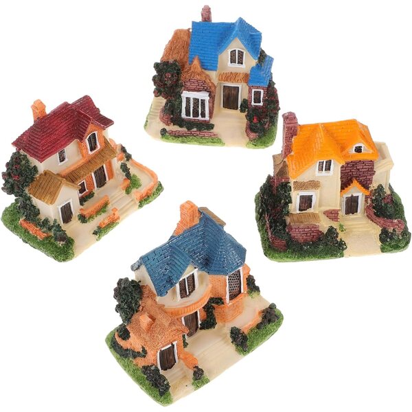 Set mit 4 Miniaturhäusern aus Kunstharz, Dekoration für Feenhaus und Garten, 8,8 x 7,8 x 5,5 cm
