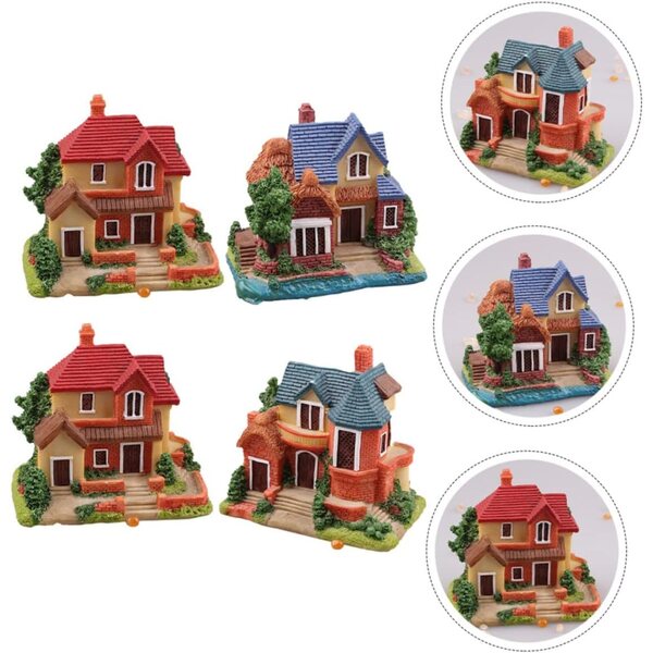 Set mit 4 Miniaturhäusern aus Kunstharz, Dekoration für Feenhaus und Garten, 8,8 x 7,8 x 5,5 cm
