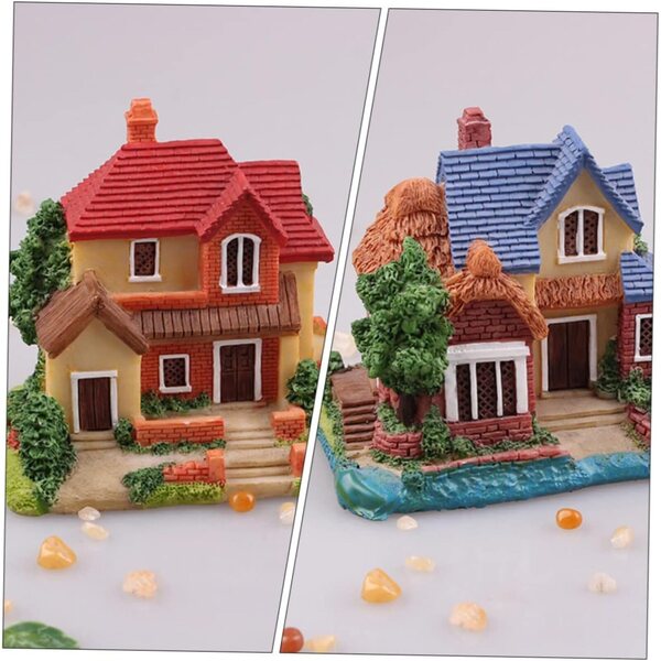 Set mit 4 Miniaturhäusern aus Kunstharz, Dekoration für Feenhaus und Garten, 8,8 x 7,8 x 5,5 cm