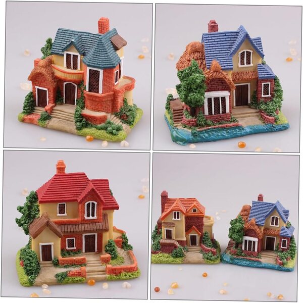 Set mit 4 Miniaturhäusern aus Kunstharz, Dekoration für Feenhaus und Garten, 8,8 x 7,8 x 5,5 cm