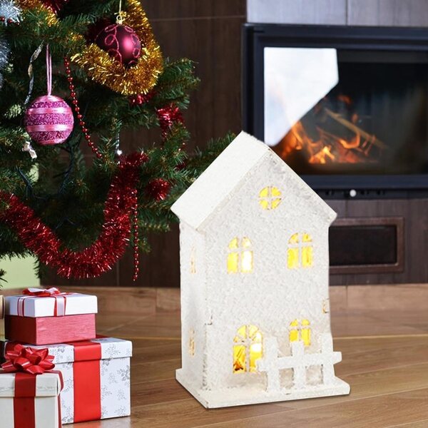 Casetta natalizia in legno a LED | Decorazione luminosa per feste | Mini casa di paese 7x7x8 cm