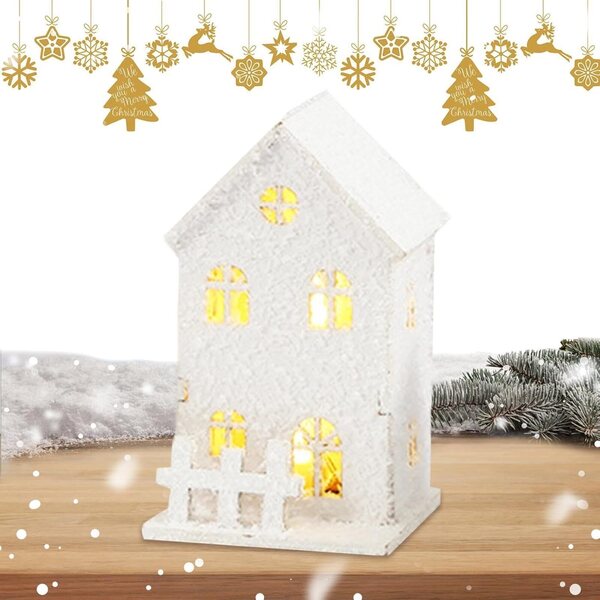 Casetta natalizia in legno a LED | Decorazione luminosa per feste | Mini casa di paese 7x7x8 cm